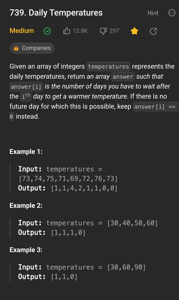 ArpitDa40708266's tweet photo. Day 73
Solved: Daily temperature  problem on Leetcode 
#100DaysOfCode #SoftwareEngineering #softwaredevelopment #SoftwareEngineer #webdevelopment #leetcode https://t.co/O5pZonaJne