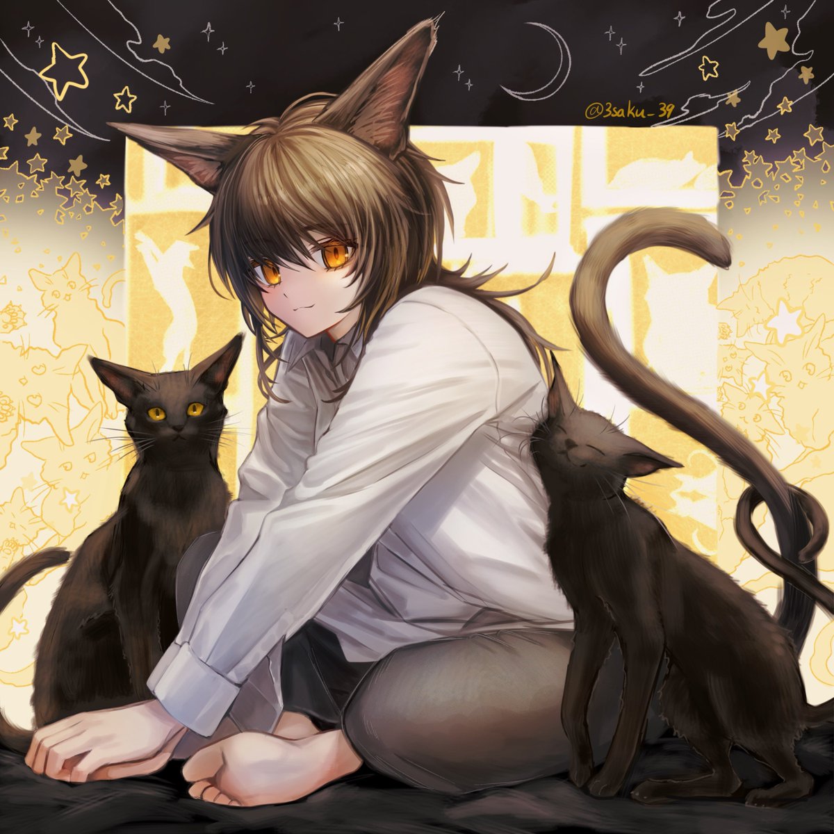 cat animal ears tail cat ears cat tail barefoot sitting  illustration images