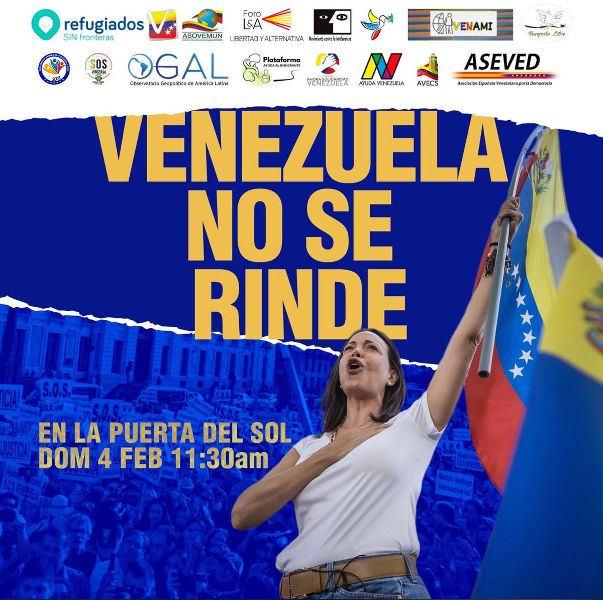 manuelmadrid_'s tweet image. *Recuerden*
Hoy Domingo #4Febrero a las 11.30 am tebenos un encuentro en la #PuertaDeSol de #Madrid para apoyar a #Venezuela y a la candidata @MariaCorinaYA, rechazamos las persecusiones, el acoso y las desapareciones de activistas sociales y políticos de los ultimos días.