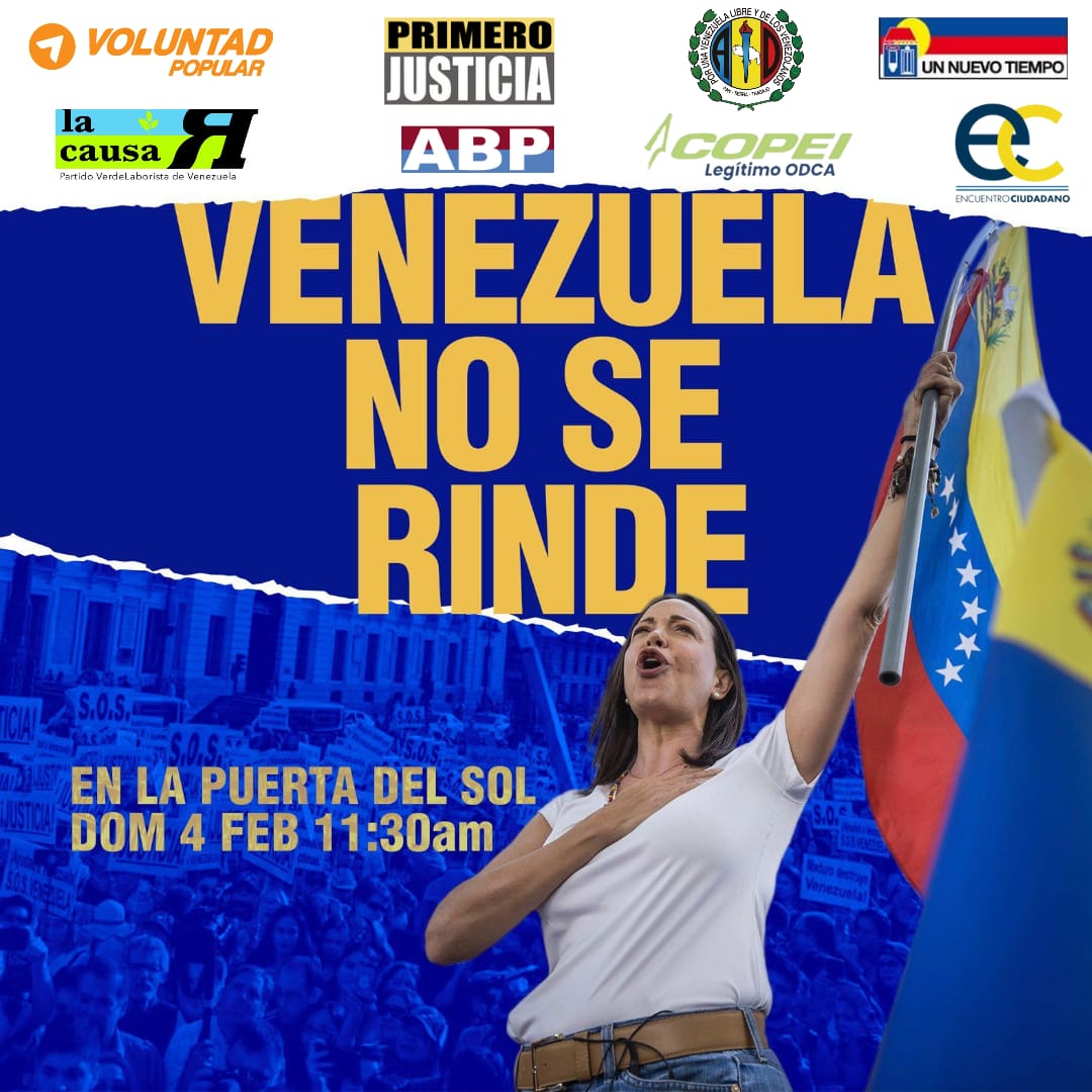 manuelmadrid_'s tweet image. *Recuerden*
Hoy Domingo #4Febrero a las 11.30 am tebenos un encuentro en la #PuertaDeSol de #Madrid para apoyar a #Venezuela y a la candidata @MariaCorinaYA, rechazamos las persecusiones, el acoso y las desapareciones de activistas sociales y políticos de los ultimos días.