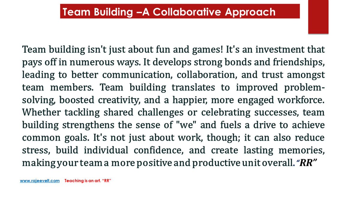 rajeevelt's tweet image. Team building isn&apos;t just about fun and games! It&apos;s an investment that pays off in numerous ways. teambuilding #collaborativeapproach #rajeevelt #collaborativemindset #skills #lifeskills #teachertraining #21stcenturyskills #teamcollaboration #teambuildingactivities