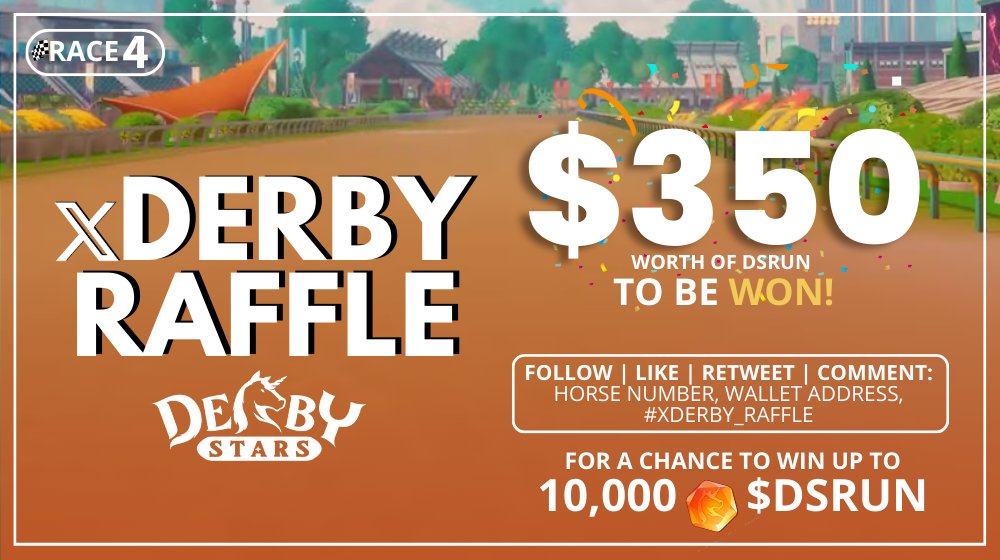 It’s time for #xDerby_Raffle Race #4!
🎯 Guess which horse will finish 3rd among 12 horses.

📢 10 winners will be randomly selected

🏆 Correct guess will win up to 10,000 $DSRUN ! ($350 USD), others will get 100 $DSRUN #Airdrop 

Like, RT &amp; comment: horse number, wallet