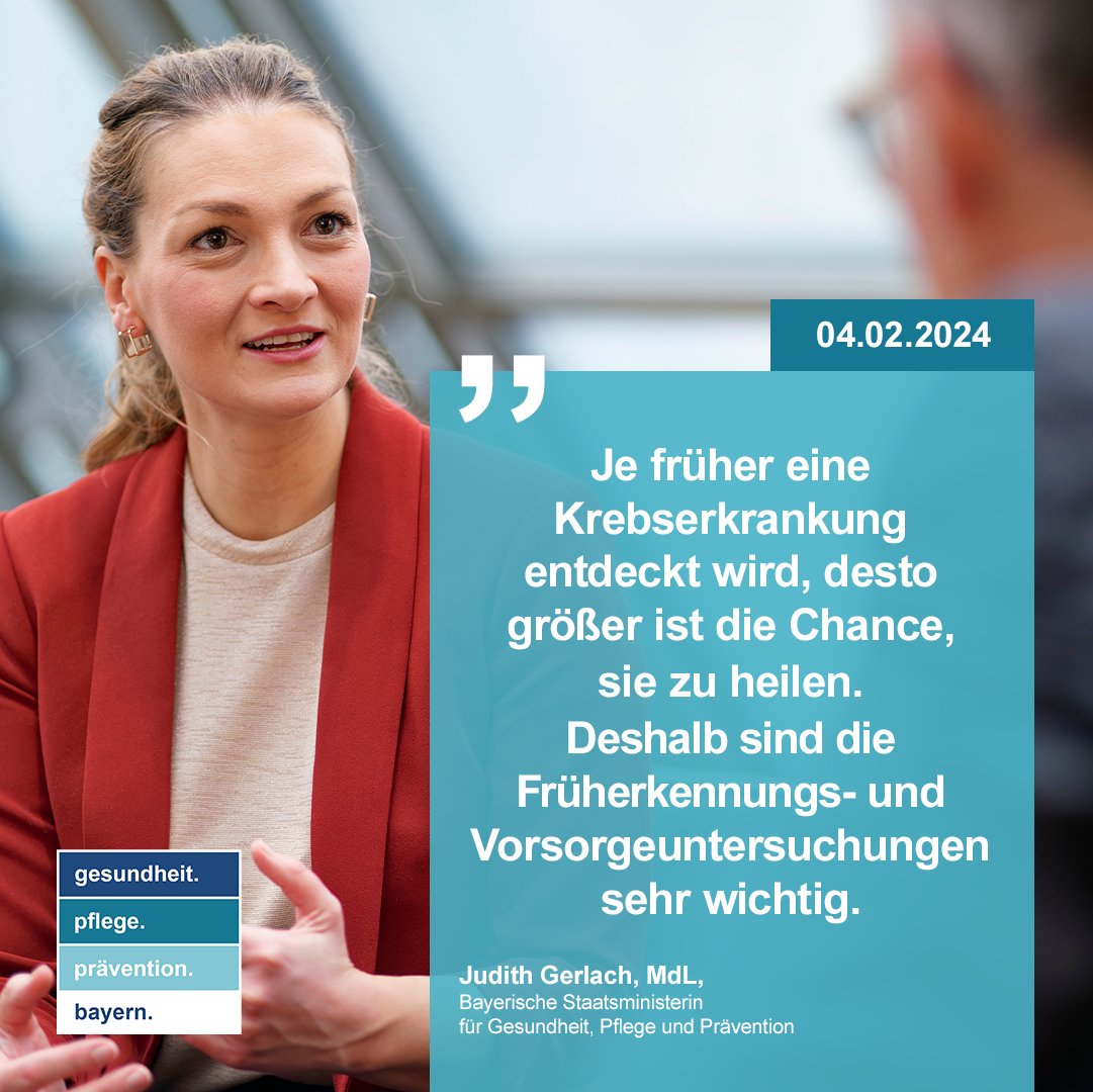 Bayerns Gesundheits- und Präventionsministerin Judith Gerlach hat anlässlich des Weltkrebstages am 4. Februar für Vorsorgeuntersuchungen geworben. Mehr dazu: stmgp.bayern.de/presse/gerlach… #Weltkrebstag #Vorsorge #Vorsorgeuntersuchungen #Krebsprävention #Krebs #BayernGemeinsam