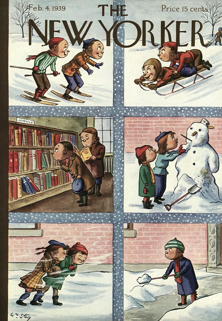 #OTD in 1939
(the halcyon days of childhood winters)
Cover of The New Yorker, February 4, 1939
William Steig
#TheNewYorkerCover #WilliamSteig #skking #sledding #publiclibrary #reading #snowman