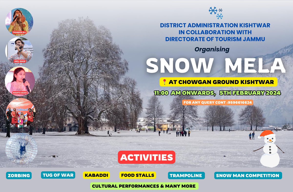Hello tourists,

We are hosting a snow mela tomorrow at historic Chowgan ground in Kishtwar!!

With ample snow &amp; lots of activities- you are welcome to join…

<a href="/diprjk/">Information & PR, J&K</a> <a href="/JammuTourism/">Jammu Tourism</a> <a href="/DailyExcelsior1/">Daily Excelsior</a>