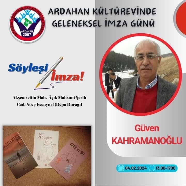 OKUYUNCA GÜZEL
Güven Kahramanoğlu abimizin söyleşi ve kitap buluşması programı var. 
Usta yazar okurlarıyla bir araya gelecek, satırlar üzerine sohbetler edecek. 
Kitaplar dile gelecek, duygular şenlenecek.

4 Şubat 2024 Pazar 
13.00-17.00
Ardahan Kültürevi 
Esenyurt