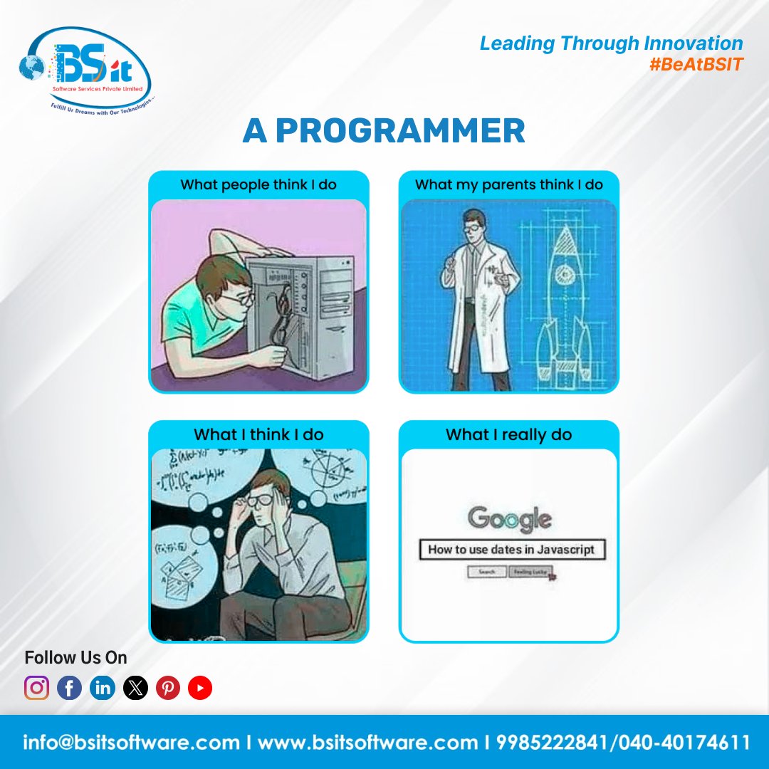 A #programmer's #life: What people think I do, what my parents think I do, what I think I do, what I really do.

#bsitsoftware #bsit #ProgrammerLife #RealityVsPerception #CodingPassion #TechHumor #ProgrammerLife #PerceptionsVsReality #TechHumor #CodingReality #ProgrammingJokes