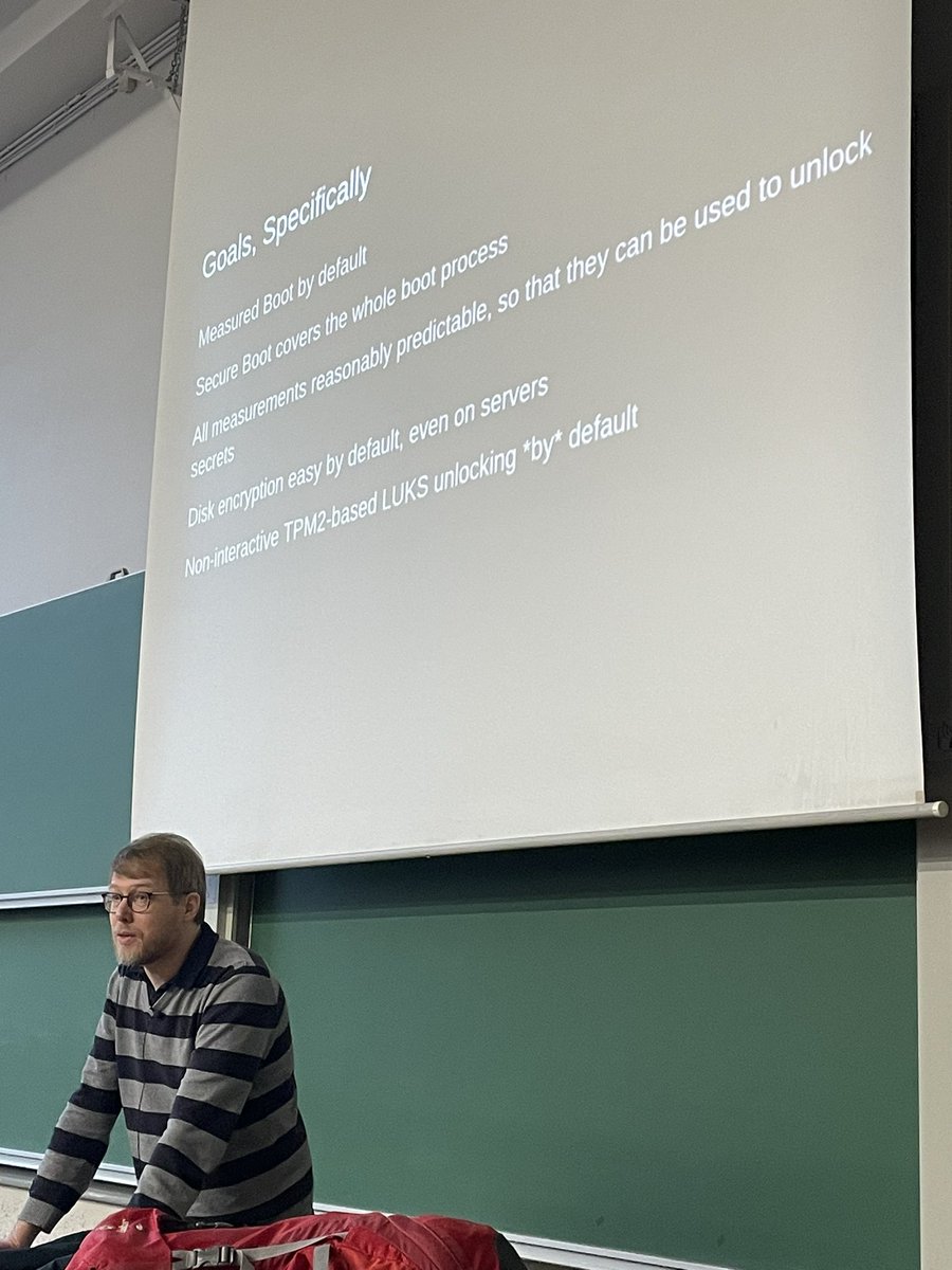 Today in the #fosdem2024 Distributions Devroom <a href="/pid_eins/">Lena Poettering</a> talking about Measured Boot, FDE-by-default, TPM unlock, and much more

Or in other words “Stuff I plan to have in <a href="/AeonDesktop/">Aeon</a>”