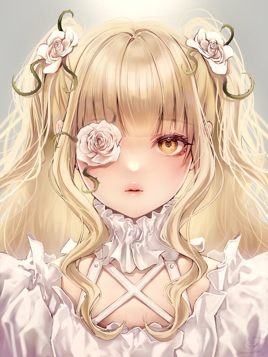 1girl flower over eye flower blonde hair solo yellow eyes rose  illustration images