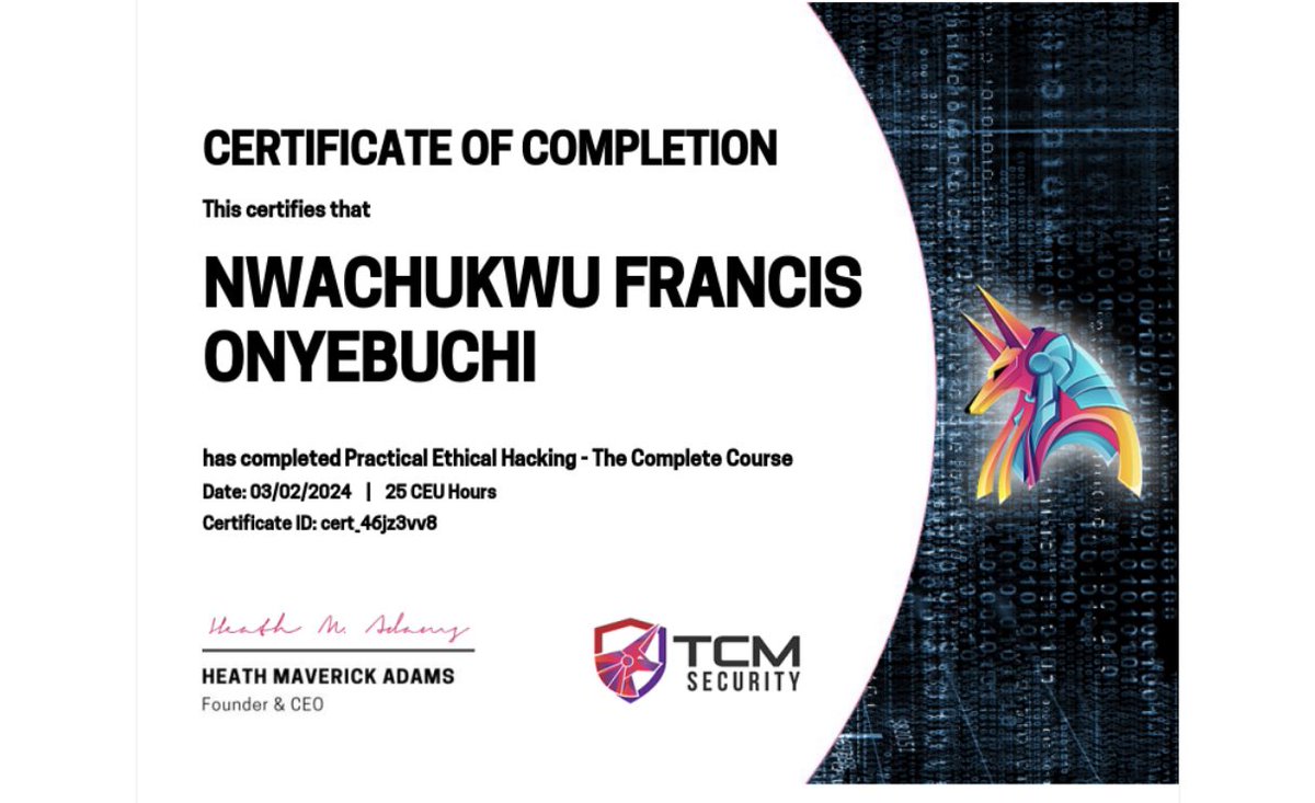 o_buchi's tweet photo. Transformed from a cybersecurity novice to thinking like an ethical hacker with @TCMSecurity practical ethical hacking course! ๐๐..
#EthicalHacking #TCMSecurity #CybersecurityJourney
#penetrationtesting https://t.co/ztzSNaMwsu