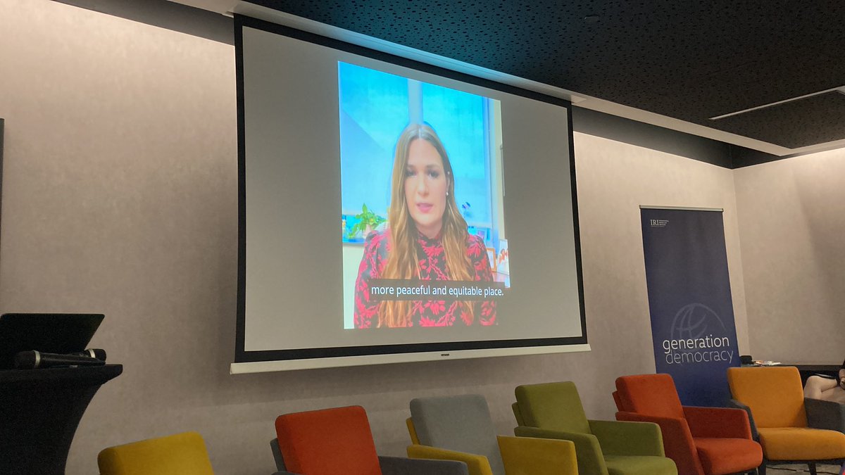 MasoSolayman's tweet photo. US Special Envoy for Global Youth Issues, Abby Finkenauer,  delivers speech at the 7th GenDem Global Summit. @IRIGenDem @USGlobalYouth https://t.co/4AHUgPPPOF