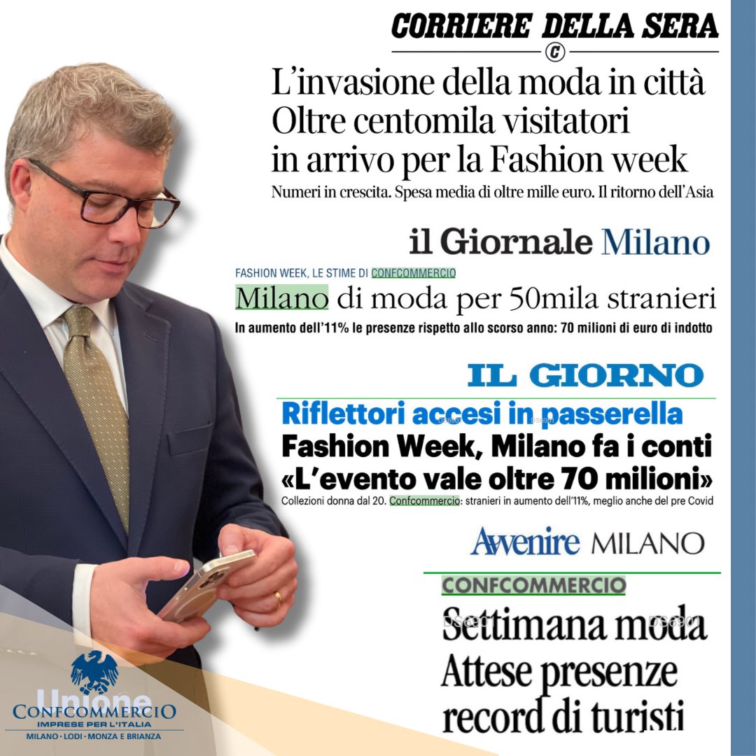 Le previsioni della #MFW di febbraio sono positive sia per presenze turistiche sia per indotto. Con numeri migliori rispetto al 2019. Questi dati confermano il nuovo momento attrattivo di Milano che auspichiamo possa tradursi in crescita per le attività commerciali e ricettive.