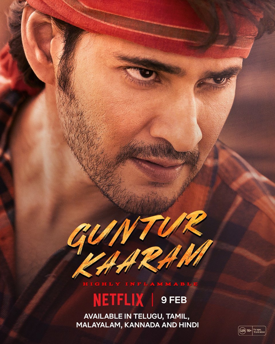 #GunturKaaram, coming to Netflix on 9 February in Telugu, Tamil, Malayalam, Kannada and Hindi. #GunturKaaramOnNetflix Follow 👉 @OTTretweets 👈 for All #OTT Streaming Updates