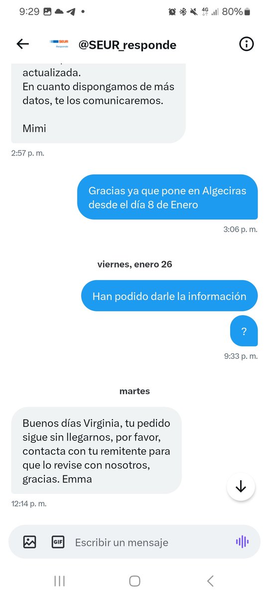<a href="/elcorteinglesac/">ECI Atención Cliente</a> 
Pedido el dia 2 de enero, a día 4 de febrero y 4 reclamaciones sigo sin recibirlo.
Me abren los casos de incidencia y los cierran diciendo que en 48 horas  lo recibo que se han puesto con Seur algo que es mentira ya que yo también lo hice y no saben donde está.