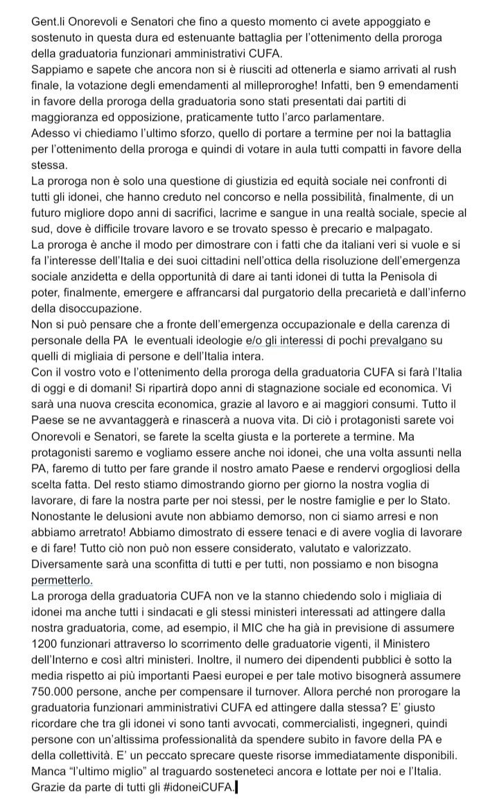 <a href="/MassimGiannini/">Massimo Giannini</a> <a href="/repubblica/">Repubblica</a> Dottore si occupi di noi. Non si comprende il perché <a href="/Paolo_Zangrillo/">Paolo Zangrillo</a> e <a href="/forza_italia/">Forza Italia</a> non vogliano prorogare la graduatoria CUFA nonostante le richieste fatte da tutti i sindacati e dai ministeri, nonché i 9 emendamenti presentati dai partiti di maggioranza ed opposizione. ⬇️⬇️⬇️