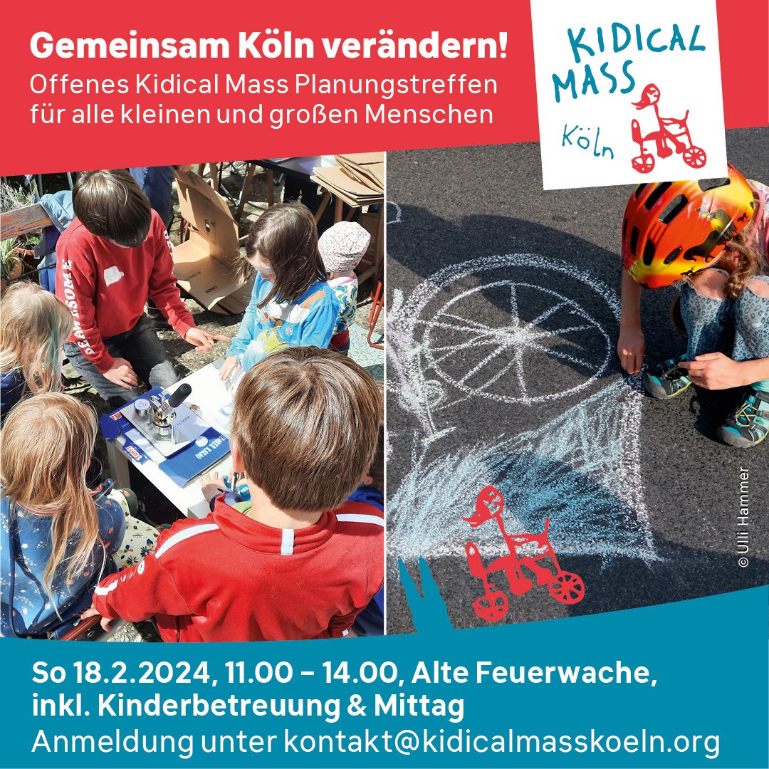 Kidical Mass Köln (@kidicalmassk) on Twitter photo Gemeinsam Köln verändern!
Offenes Kidical Mass Planungstreffen
📢So 18.2.2024, 11.00 – 14.00, Alte Feuerwache
Für alle kleinen und großen Menschen.
inkl. Kinderbetreuung & Mittag
Anmeldung unter kontakt@kidicalmasskoeln.org Gemeinsam Köln verändern!
Offenes Kidical Mass Planungstreffen
📢So 18.2.2024, 11.00 – 14.00, Alte Feuerwache
Für alle kleinen und großen Menschen.
inkl. Kinderbetreuung & Mittag
Anmeldung unter kontakt@kidicalmasskoeln.org