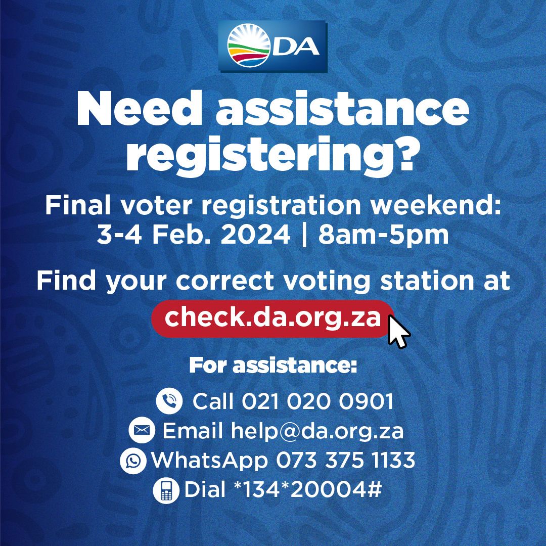 Our_DA's tweet image. 🆘 Need help with voter registration before the doors close at the end of the day? The DA has a dedicated team of professionals who are ready to help you.

📞 021 020 0901
✉️ help@da.org.za

WhatsApp us on 073 375 1133 or visit check.da.org.za

#RescueSA
#RegisterToVoteDA