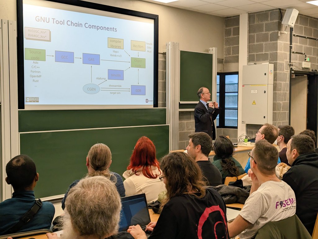 FlorianWoh's tweet image. What if you build a new chip about the compiler? How to build the compiler?

@jeremypbennett of @Embecosm is running us trough it in a packed 25min talk, including #RISCV

Embecosm already ported and in progress of upstreaming GCC for @openhwgroup #CV32E40Pv2 
#fosdem24