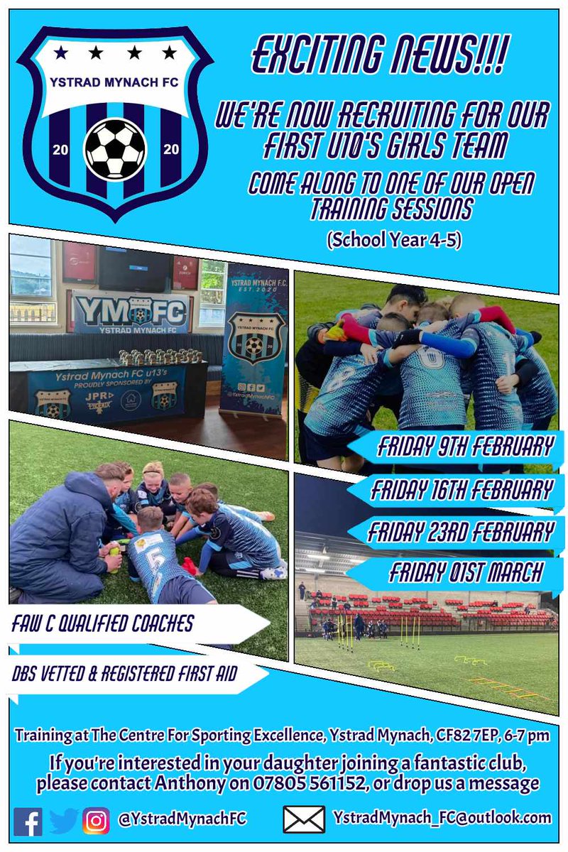 YstradMynachFC's tweet photo. If your daughter is in school years 4 and 5 and is looking to either break away from mixed football, or start their footballing journey with an all girl squad please get in touch. 

All abilities welcome. https://t.co/7nbcsDVb48