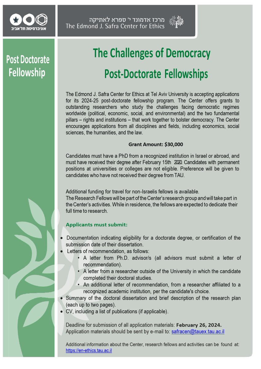 SafraTAU's tweet photo. The Edmond J. Safra Center for Ethics at Tel Aviv University is pleased to announce its call for Post-Doc and Doctoral Fellowship applications for the academic year 2024-25.
We welcome applications from philosophy, political science, social sciences, the humanities, and law. https://t.co/Asot32d3Xz