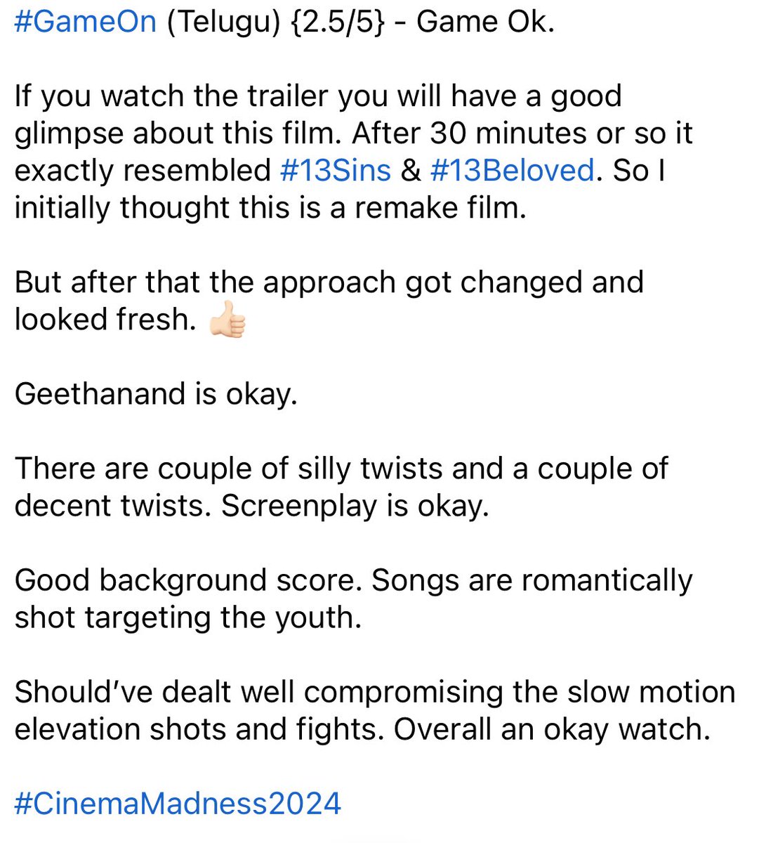 CinemaMadness24's tweet photo. #GameOn (Telugu) {2.5/5} - Game Ok.
#GameOnMovie #GameOnReview https://t.co/LDO27DXYBm
