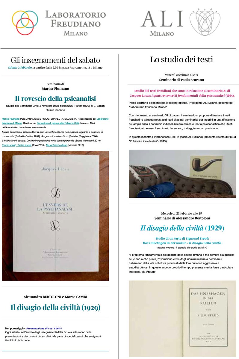 FreudlabMilano's tweet photo. Seminari di febbraio: 
- Venerdì 2 alle 19, P. Scarano: Freud nel seminario XI di Lacan 
- Sabato 3 dalle 9,30 M. Fiumanò: Il rovescio della psicoanalisi; Bertoloni e Cambi: Il disagio della civiltà 
- Mercoledì 21 alle 19, A. Bertoloni: Il disagio della civiltà https://t.co/cEQzEJtkv0