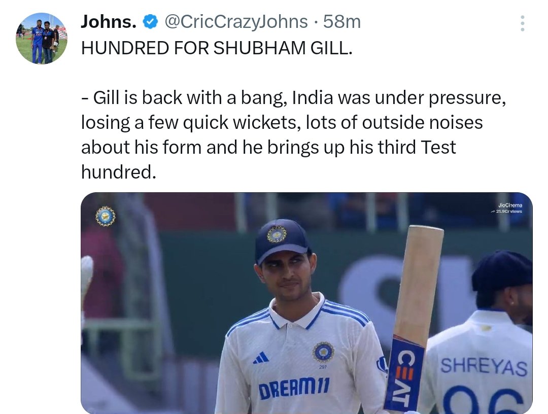 Finally got to hear those words that I had been waiting to hear for 2 months.
-GILL IS BACK WITH A BANGGGG🔥🔥
#Subhmangill #INDvENG