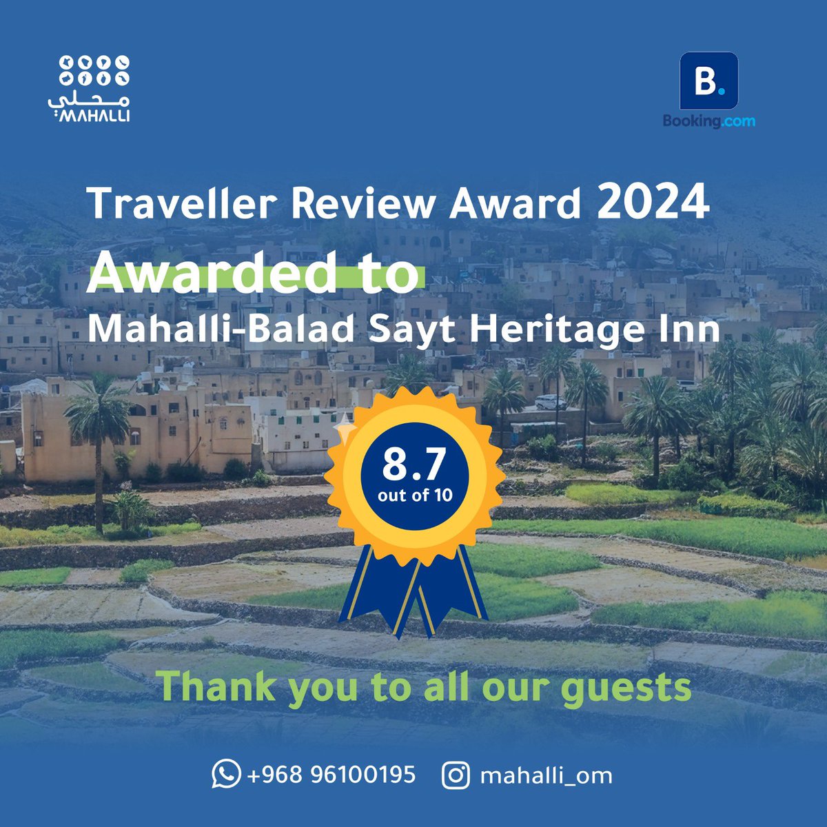 Mahalli_om's tweet photo. تطبيق #بوكنج يمنح نزل محلي- بلد سيت جائزة تقييم المسافرين لعام 2024. 

@bookingcom https://t.co/9HOoxURXi6