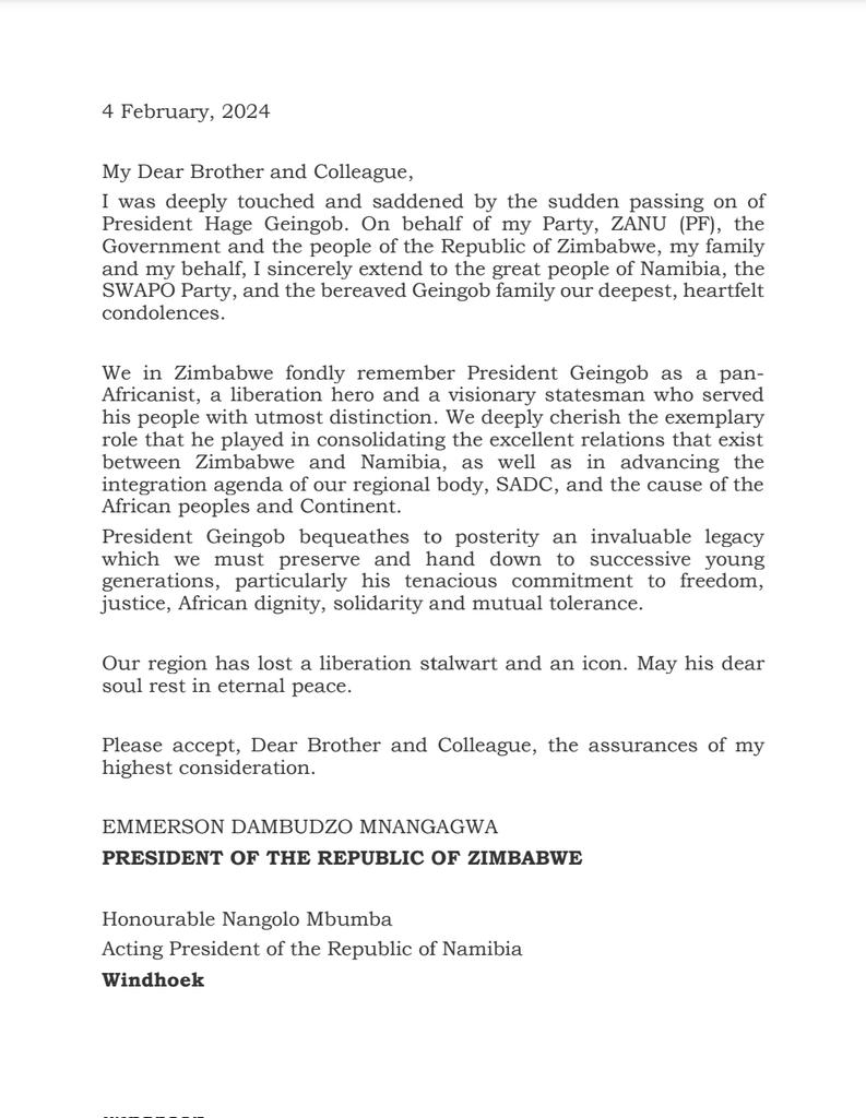 Zim Young Grads & Youth Development (@zimygyd_forum) on Twitter photo Pres <a href="/edmnangagwa/">President of Zimbabwe</a> sends heartfelt condolences on the passing of President Hage Geingob. Our thoughts and prayers are with the people of Namibia during this difficult time. May President Geingob's legacy of leadership and dedication to his country continue to inspire us all. Pres <a href="/edmnangagwa/">President of Zimbabwe</a> sends heartfelt condolences on the passing of President Hage Geingob. Our thoughts and prayers are with the people of Namibia during this difficult time. May President Geingob's legacy of leadership and dedication to his country continue to inspire us all.