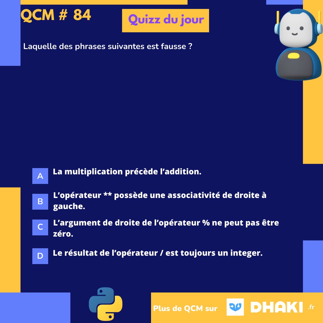 Python_QCM's tweet image. Découvrez le quizz Python du jour ! Répondez en commentaire pour tester vos connaissances.