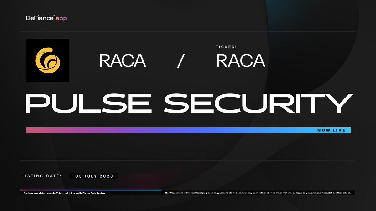 .@RACA_3 Pulse Security is now live on DeFiance.app/Pulse/Raca. #Pulse collects carefully analyzed data from protocols, our partners and Divine DeFiants to assess the strengths and weaknesses of a protocol. Review-to-Earn: users.DeFiance.app. $RACA #DeFianceApp