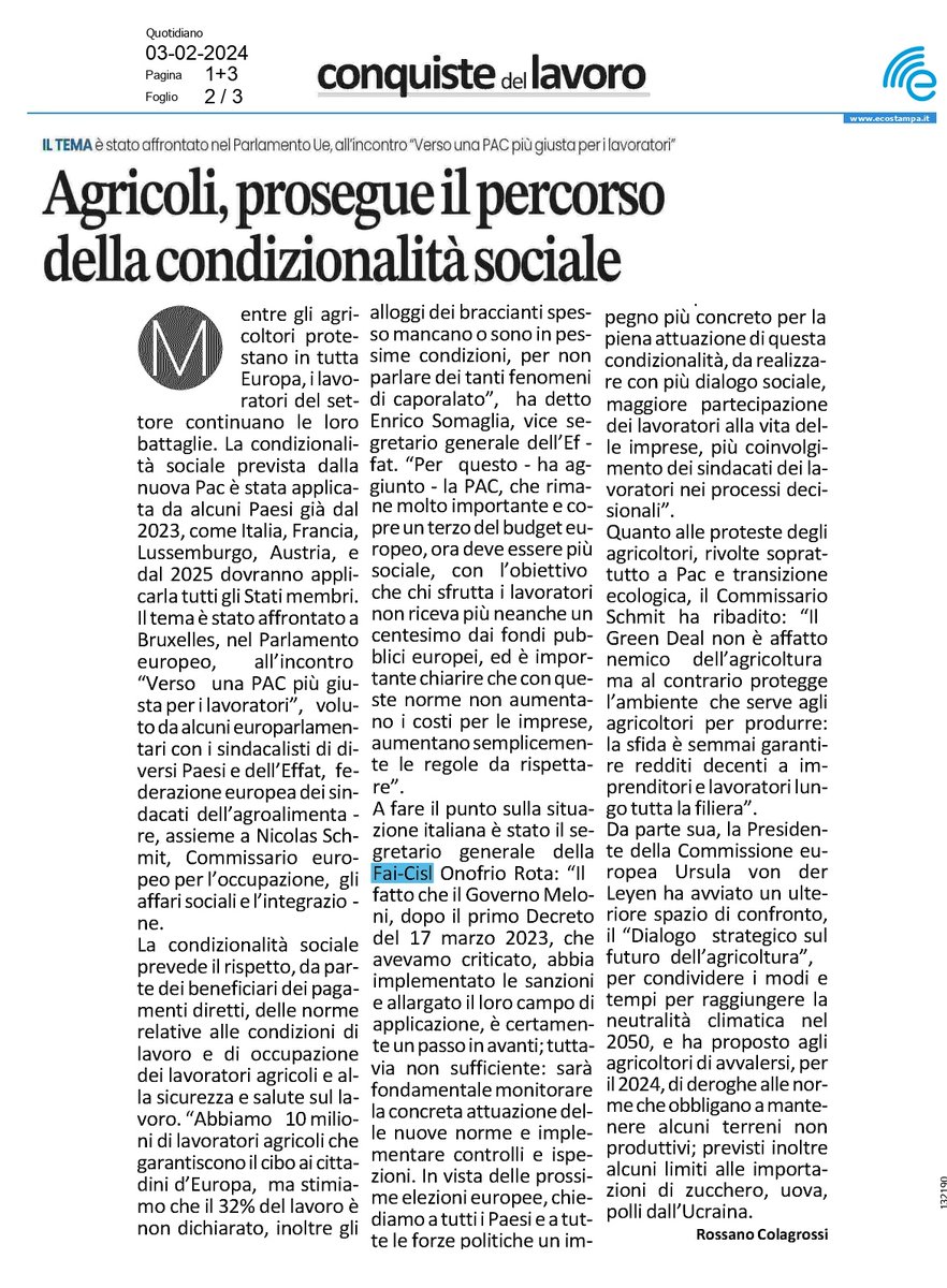 OnofrioRota's tweet photo. 🗞 Su Conquiste del #Lavoro alcune cose che ho potuto ribadire a #Bruxelles: è giusto ascoltare le #proteste degli #agricoltori, anche perché agevolare la crescita dei loro redditi può servire a garantire maggiore dignità, stabilità occupazionale e sicurezza lungo tutte le filiere. Attenzione però: la #PAC non è semplice burocrazia, ad esempio la condizionalità sociale è una conquista per tutti. Dobbiamo migliorare le norme, non peggiorarle. E per farlo dobbiamo valorizzare i percorsi di rappresentanza democratica, senza populismo e senza mettere i manifestanti contro i cittadini, l'agricoltura contro l'ambiente, gli Stati contro l'Ue. 
#agricoltura #ambiente #UE #lavoratori #lavoratrici #soscaporalato #maipiughetti