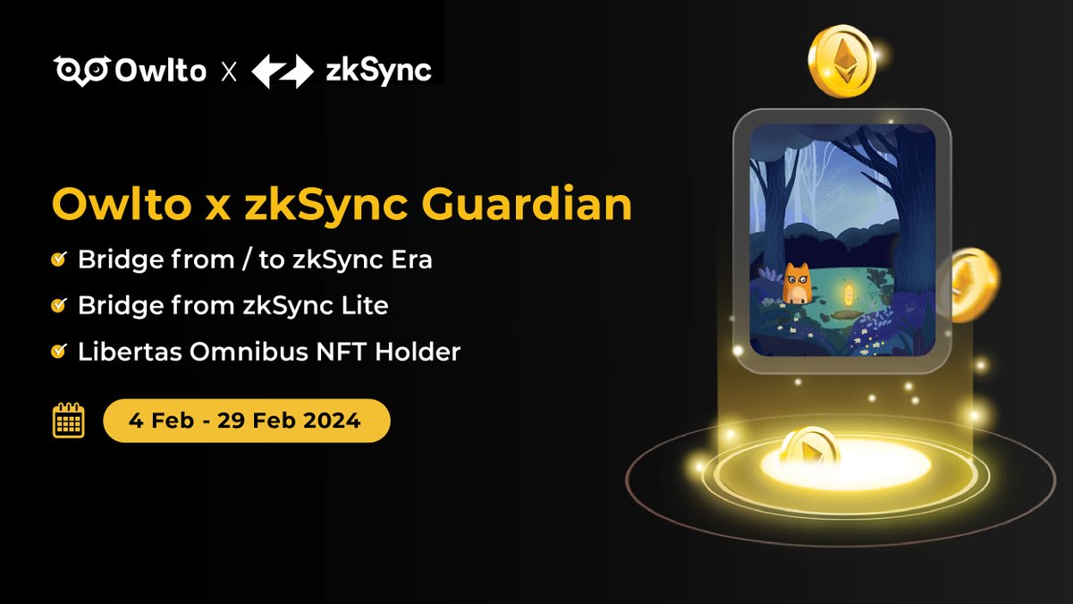 Owlto Finance(🦉💛🦉) (@owlto_finance) on Twitter photo 📢 Calling all guardians who persist in interacting on <a href="/zksync/">ZKsync (∎, ∆)</a> 🫡
✅ Meet any of the following requirements to mint the exclusive NFT:
1⃣️ Bridge from/to <a href="/zksync/">ZKsync (∎, ∆)</a> Era
2⃣️ Bridge from <a href="/zksync/">ZKsync (∎, ∆)</a> Lite
3⃣️ Libertas Omnibus NFT Holder
👉 galxe.com/OwltoFinance/c… 📢 Calling all guardians who persist in interacting on <a href="/zksync/">ZKsync (∎, ∆)</a> 🫡
✅ Meet any of the following requirements to mint the exclusive NFT:
1⃣️ Bridge from/to <a href="/zksync/">ZKsync (∎, ∆)</a> Era
2⃣️ Bridge from <a href="/zksync/">ZKsync (∎, ∆)</a> Lite
3⃣️ Libertas Omnibus NFT Holder
👉 galxe.com/OwltoFinance/c…