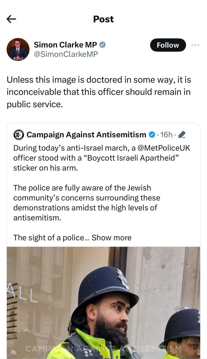 village_cop's tweet photo. Just in case anyone missed what @SimonClarkeMP posted about the officer that had a sticker placed on his arm without his knowledge…I’m sure the apology is on the way https://t.co/ebKuISdllA