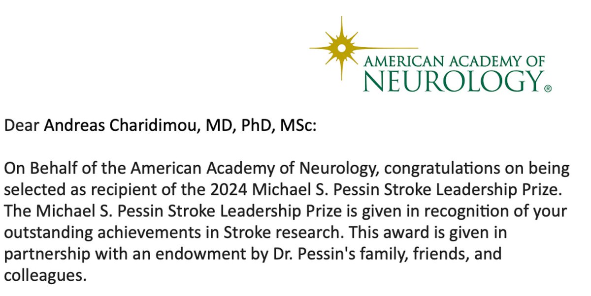 Andreas Charidimou MD, PhD (@a_charidimou) on Twitter photo 🏆🧠 I am deeply grateful and honored to receive the 2024 Michael S. Pessin Stroke Leadership Award by the American Academy of Neurology <a href="/AANmember/">American Academy of Neurology</a>!
I aspire for this award to bring greater awareness to cerebral small vessel disease and cerebral amyloid angiopathy as key drivers 🏆🧠 I am deeply grateful and honored to receive the 2024 Michael S. Pessin Stroke Leadership Award by the American Academy of Neurology <a href="/AANmember/">American Academy of Neurology</a>!
I aspire for this award to bring greater awareness to cerebral small vessel disease and cerebral amyloid angiopathy as key drivers