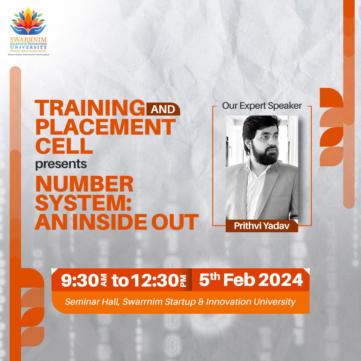 Dive deep into the world of numbers!

Join us for an insightful session on the 'Number System' with our expert speaker, Prithvi Yadav. 
.
.
.
#Swarrnim #SwarrnimUniversity  #EducationalSeminar #UniversityStudents #PlacementReady #ExpertTalks #CampusLife #MathLovers #MathWorkshop