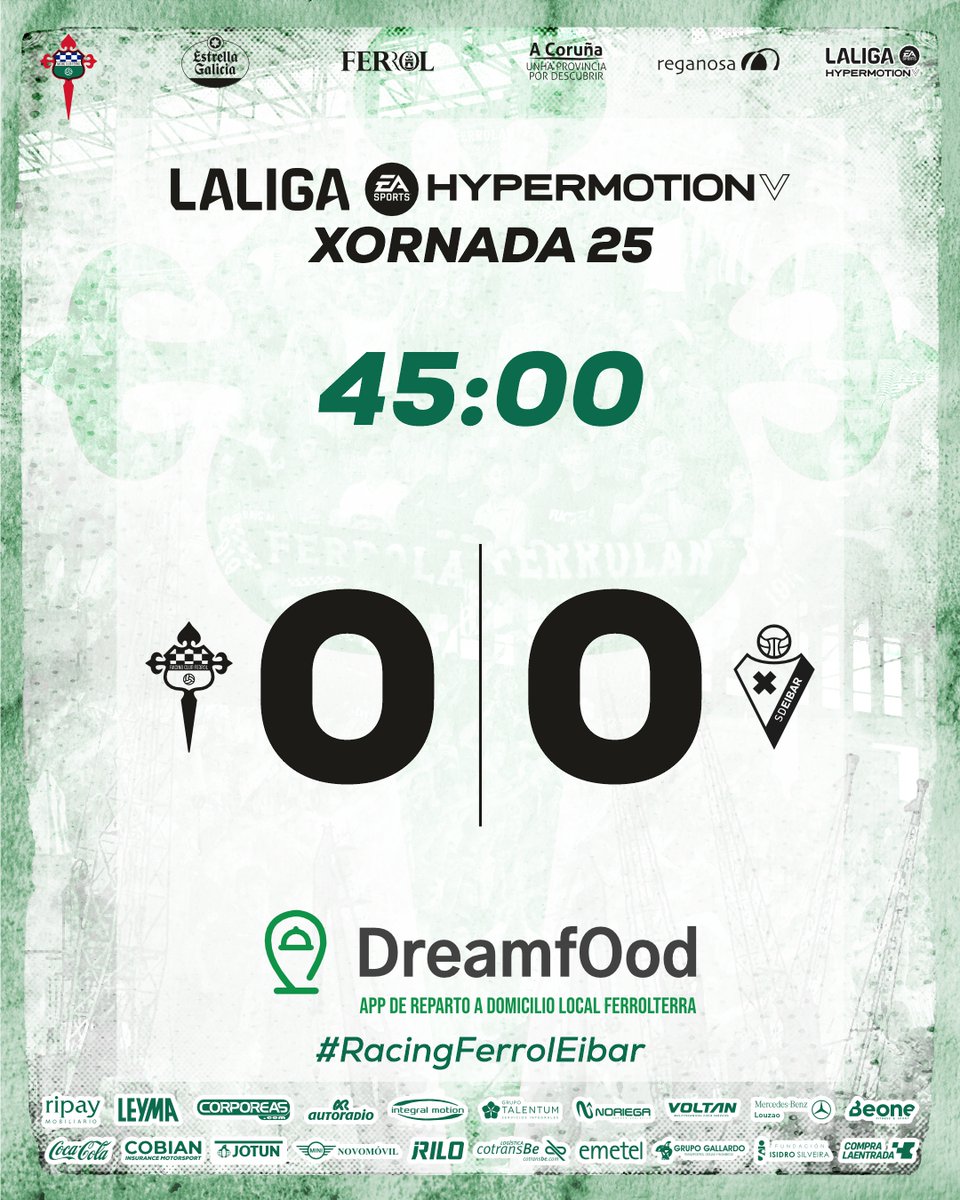 1⃣⏸️⏱️4⃣5⃣ | 0-0 | Tempo de lecer en A Malata. Empate no marcador no #RacingFerrolEibar de #LALIGAHYPERMOTION