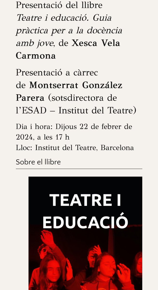 PRESENTACIÓ DEL LLIBRE: TEATRE I EDUCACIÓ  de Xesca Vela Carmona

22/2/24 A l’Institut del Teatre de Barcelona. 17h
Presenta: Montserrat González Parera
crae.uab.cat/presentacio-de…