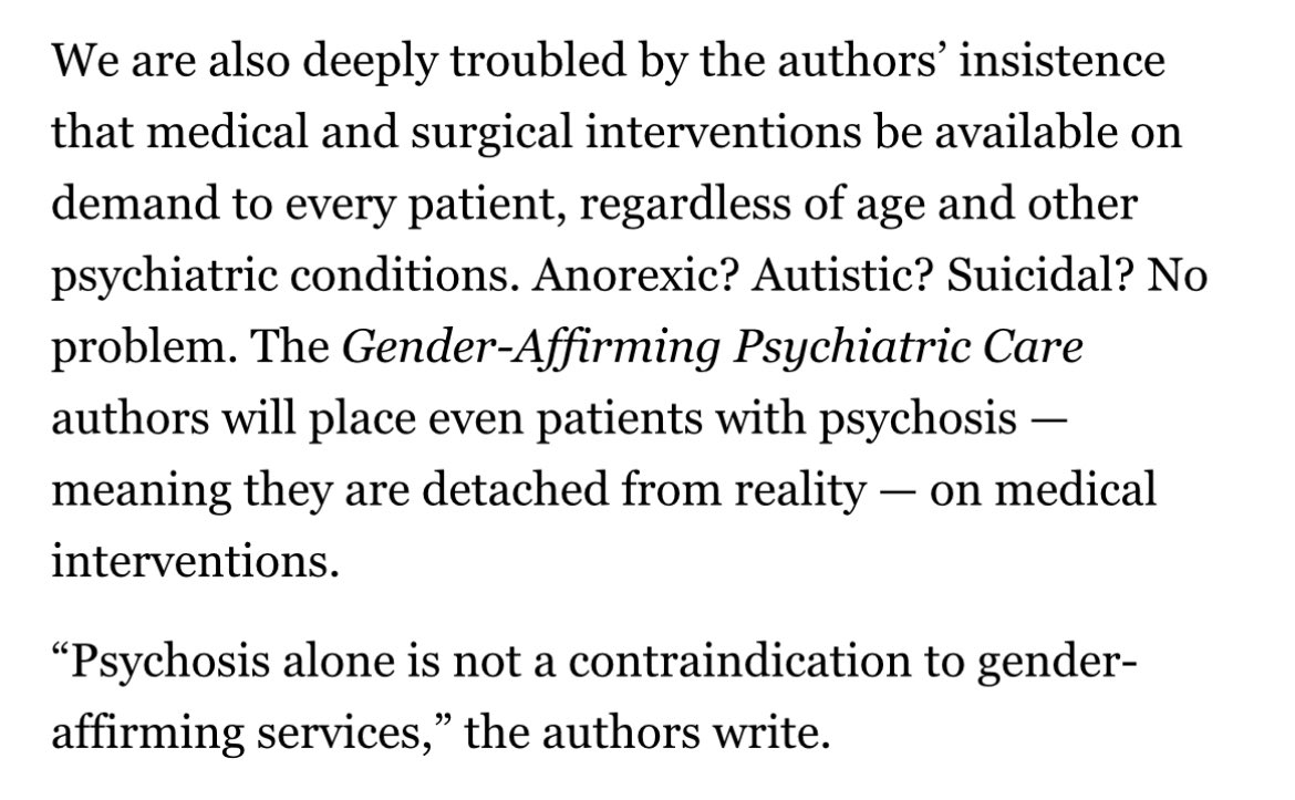 Very important article highlighting many psychiatrists (& other stakeholders) very serious concerns about ideological bias & lack of evidence underpinning recent @APApsychiatric  publication Gender-Affirming PsychiatricCare. archive.is/2024.02.03-192…