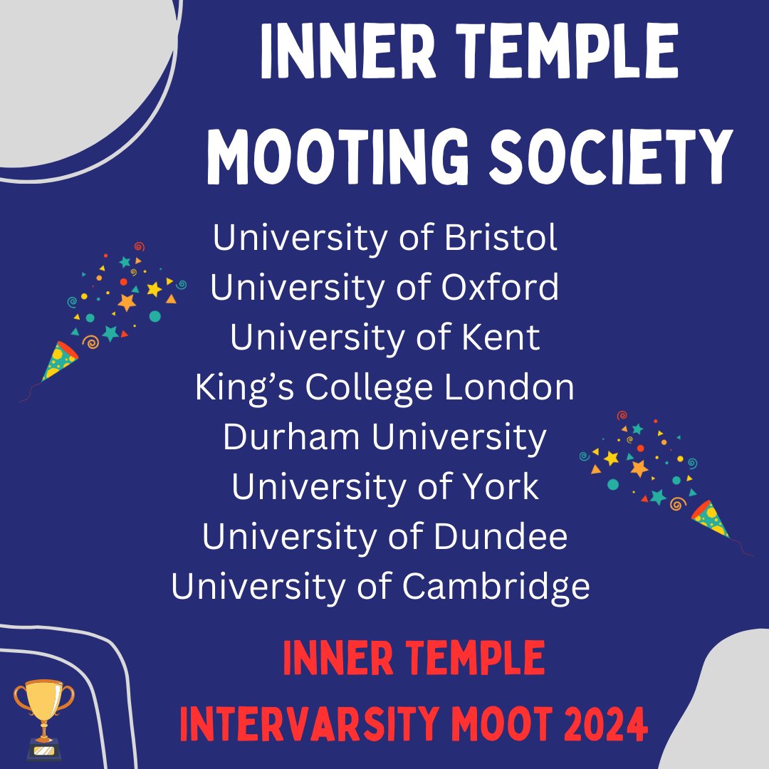Congratulations to the teams progressing to the  #Innertempleintervarsitymoot Quarter Finals!
<a href="/KCL_Law/">The Dickson Poon School of Law</a> <a href="/KentLawSchool/">Kent Law School</a> <a href="/BristolUniLaw/">Bristol Law School</a> <a href="/OxfordLawFac/">Faculty of Law</a> <a href="/cambridgelaw/">Faculty of Law</a> <a href="/DurhamLawSchool/">Durham Law School</a> <a href="/UoYLaw/">York Law School</a> <a href="/LawDundee/">Dundee Law School</a>