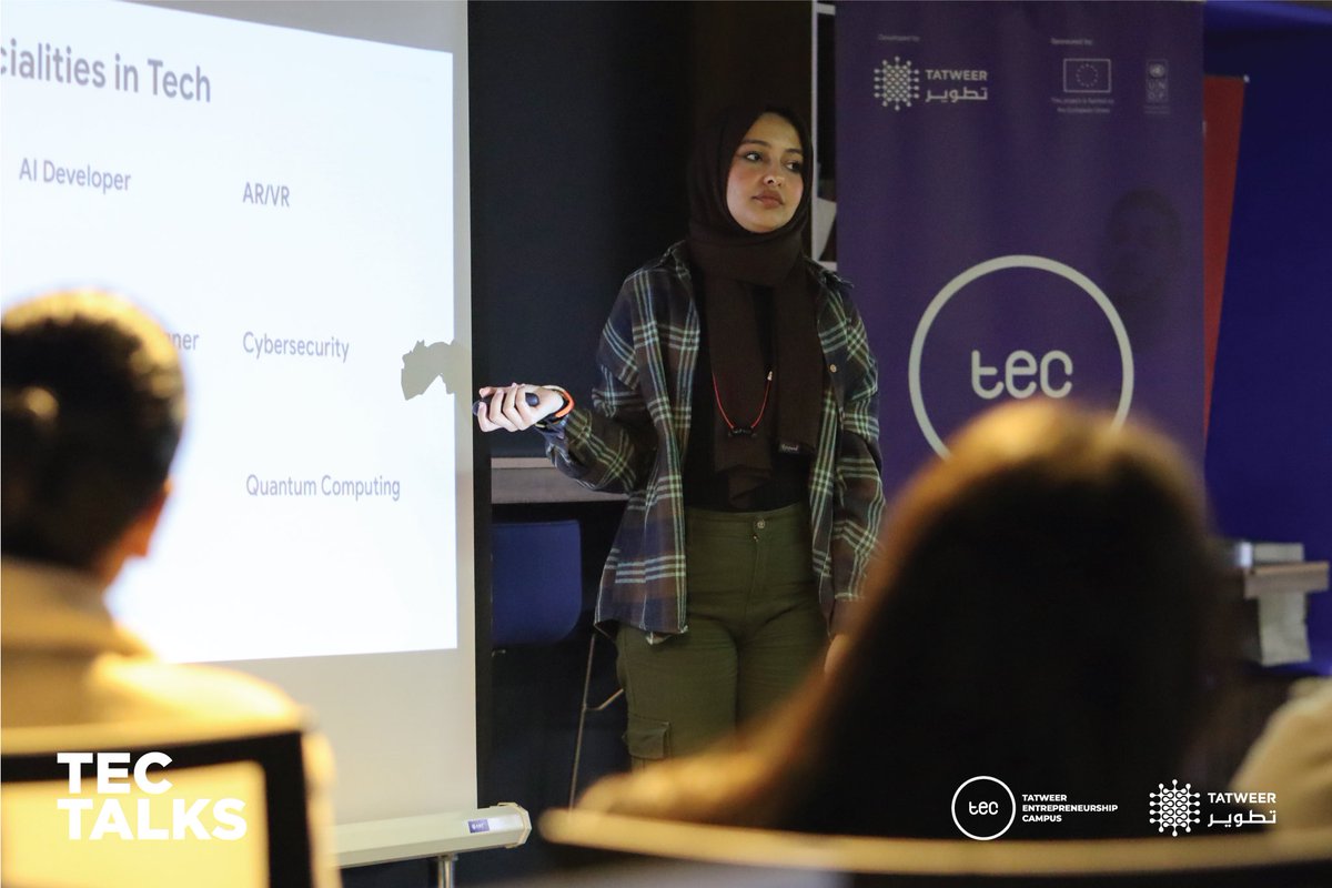 TatweerResearch's tweet photo. #TECTalk session last Wednesday was truly inspiring!
Under the theme of Women in Tech, data analyst Nihal Awad shared with us her personal stories of challenges and successes as well as discussing job opportunities & scholarships available to young women who are passionate about technology.