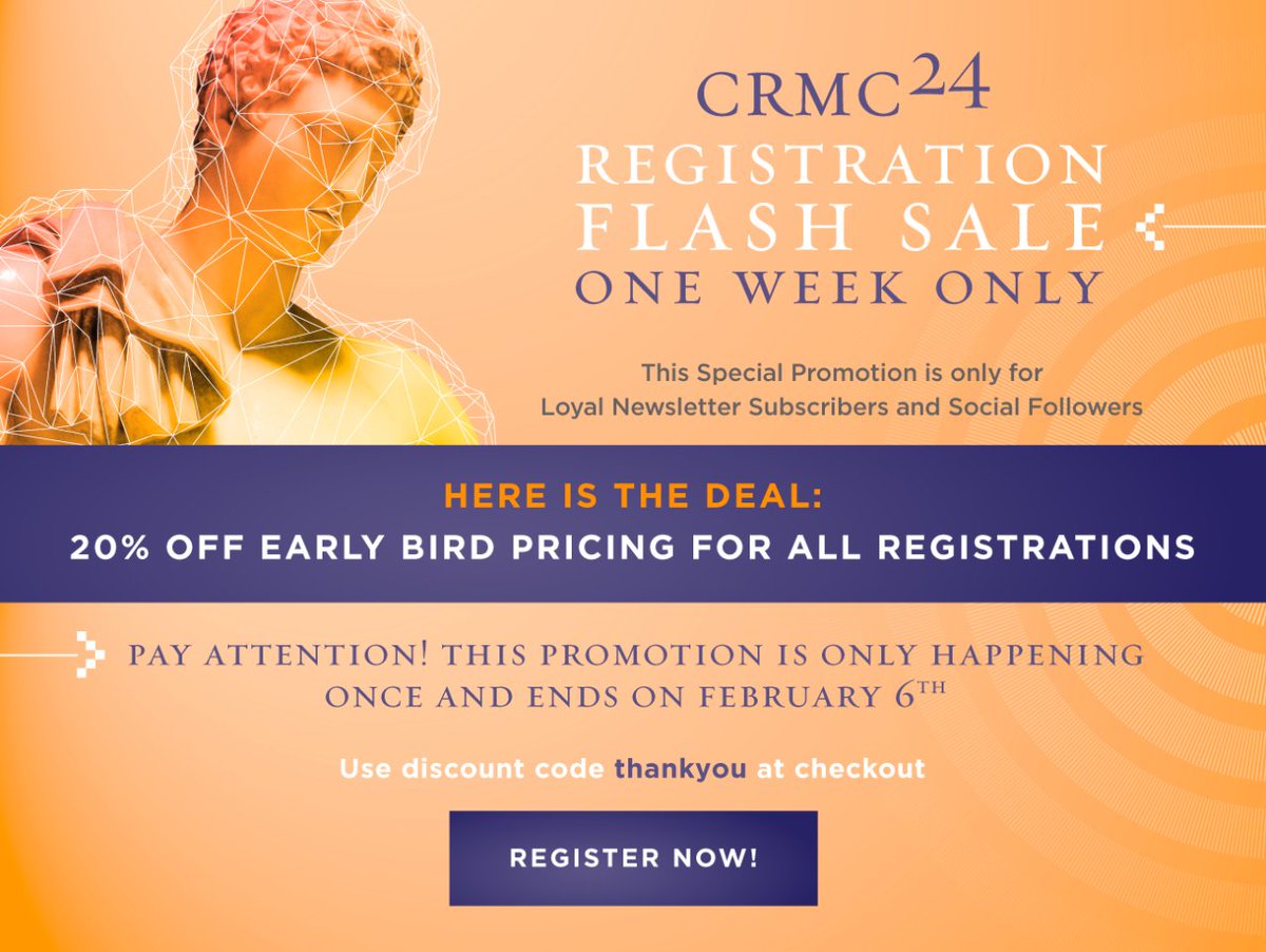 CRMCRetail's tweet image. Only 2 days left to get 20% OFF Early Bird Registration ⚡TODAY to Feb 6th: thecrmc.com/register

#CRMC2024 #EnterTheDataverse #HumanityOverTech #EarlyBird #Discount