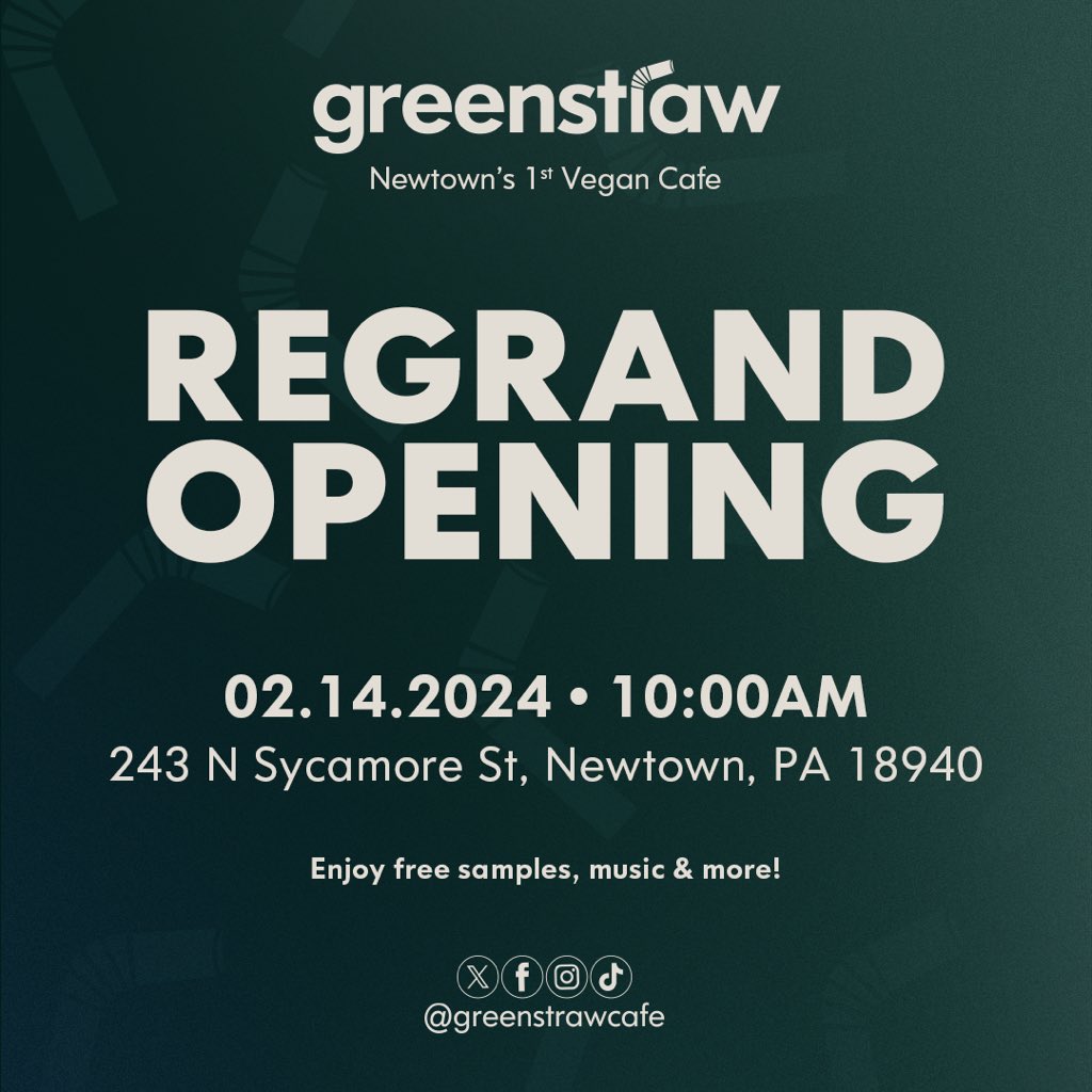 greenstrawcafe's tweet photo. Newtown! Bucks County! Welcome to Greenstraw Cafe—Newtown’s 1st Vegan Cafe!

Come and explore our revamped space highlighting a fresh, NEW, 100% plant-based menu: savor coffee, tasty eats, smoothies, juices, and more!

Spread the word and come support our small business! https://t.co/TuacEIahiK