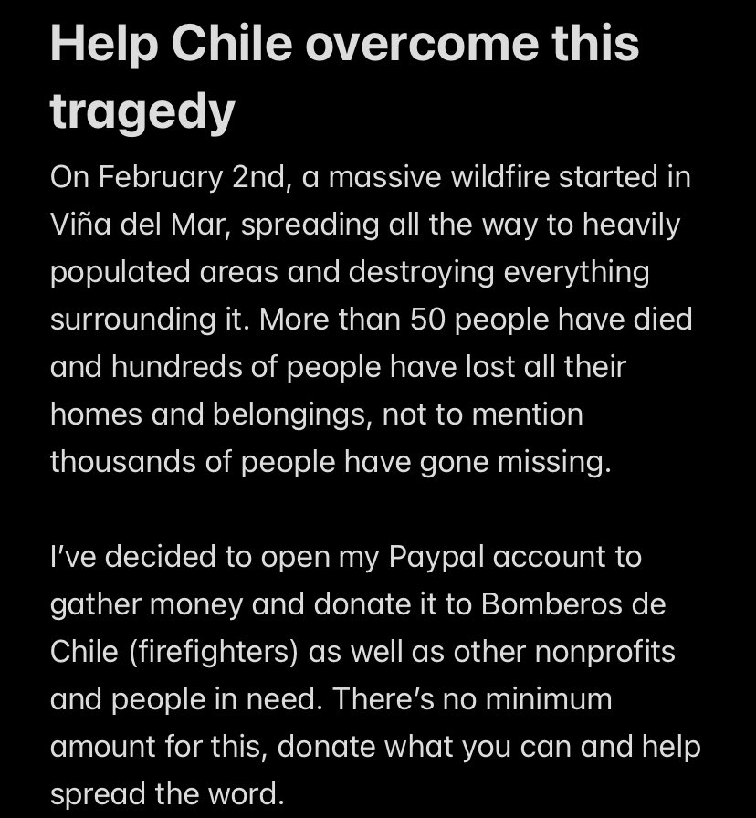 retroheaton's tweet photo. ⚠️HELP CHILE, DONATE, RT &amp; SPREAD THE WORD⚠️

my Paypal is now open to receive donations that will go straight to Bomberos de Chile as well as people in need https://t.co/uCA04FSOSy https://t.co/h5gkjH3X4u