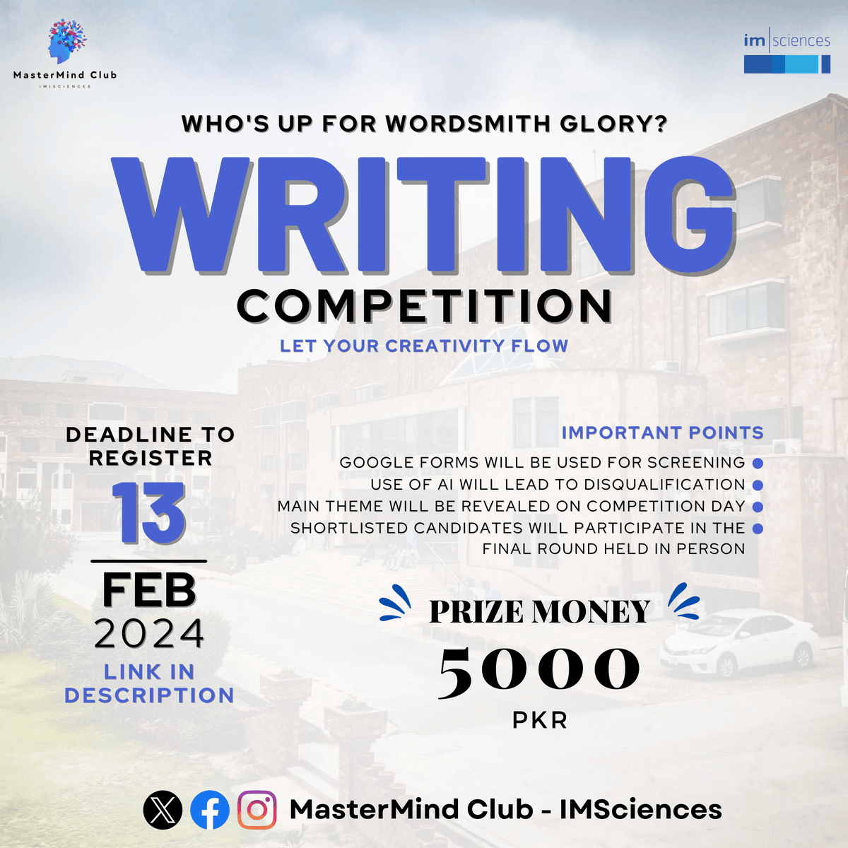 MasterMind_IMS's tweet photo. 𝐖𝐡𝐨'𝐬 𝐮𝐩 𝐟𝐨𝐫 𝐖𝐨𝐫𝐝𝐬𝐦𝐢𝐭𝐡 𝐆𝐥𝐨𝐫𝐲? Dive into world of creative expression with the Mastermind Club in an exciting Writing Competition!

𝐑𝐞𝐠𝐢𝐬𝐭𝐫𝐚𝐭𝐢𝐨𝐧 𝐅𝐨𝐫𝐦 𝐋𝐢𝐧𝐤:
https://t.co/FfUH9VOHXe

Let your words create wonders!

#MasterMind #IMSciences https://t.co/hy4txBf5Eq