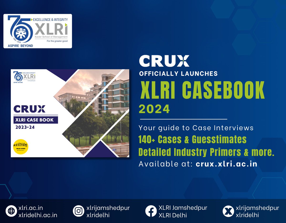 XLRIJamshedpur's tweet photo. XLRI is proud to launch India's first web-based casebook for interview preparations.
The casebook is available at https://t.co/DPrOfJ5Q9Q
#xlrijamshedpur #xlridelhi #xlri #75yearsofxl #bschools #mba #casebook #caseprep #mckinsey #bain #bcg #consulting #accstrat #placements https://t.co/X4mqiTpJez