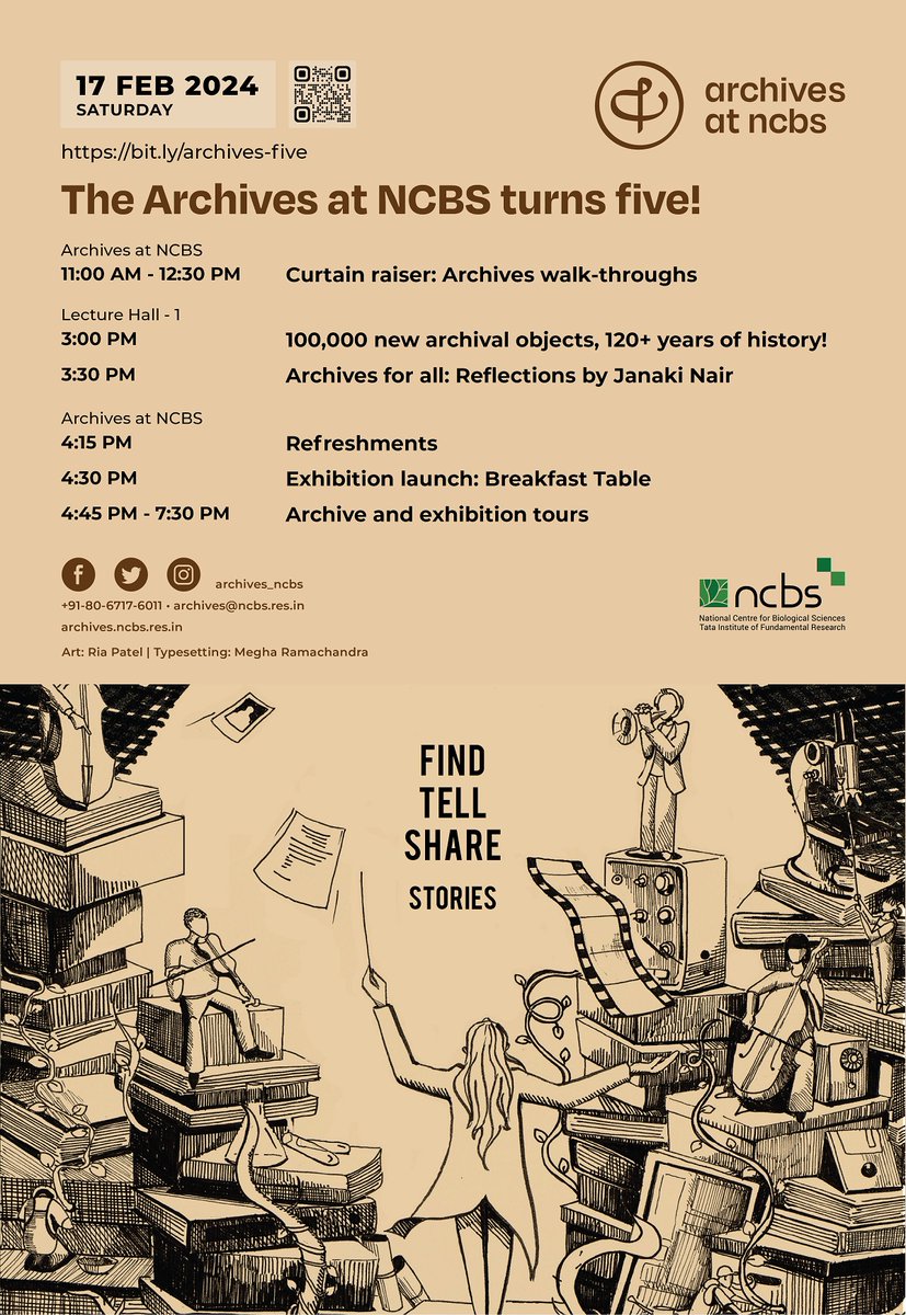 The #Archives at NCBS turns five! Sat, Feb 17, 2024 ALL DAY #Free & open to public 100,000 new archival objects in 20+ collections, 120+ years of history | #Exhibitions | Talk by Janaki Nair | Special Tours bit.ly/archives-five @NCBS_Bangalore @BLiSC_India