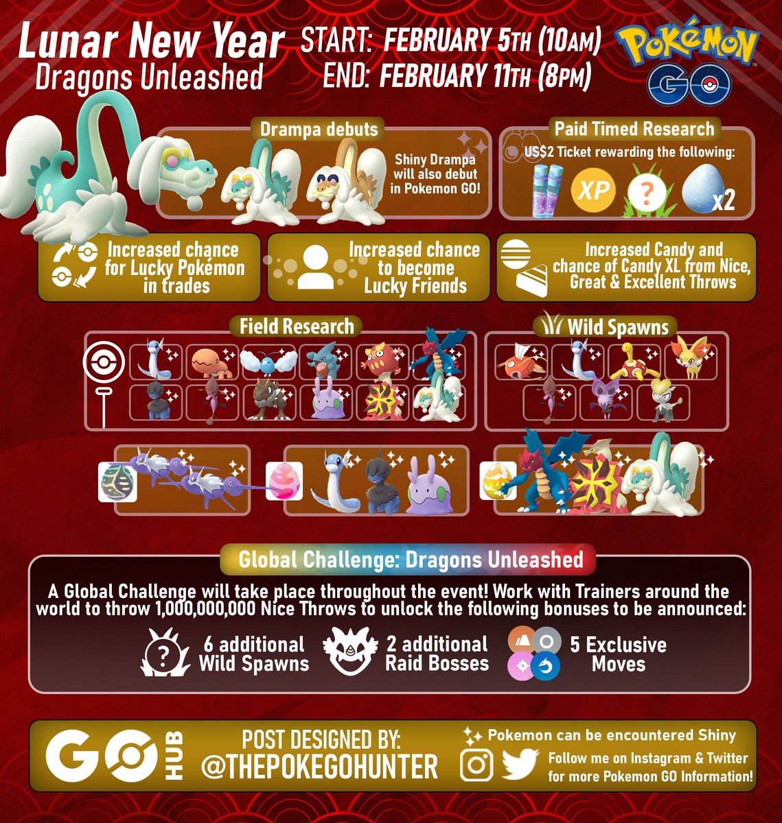 PokemonGOHubNet's tweet photo. Monday 5th February is the start of the Lunar New Year event in Pokémon GO! Drampa makes their debut in GO, and can be shiny! Full guide on the Hub, and infographic by @thepokegohunter
https://t.co/U7UKxcFX1k https://t.co/xdPEJcC3UH