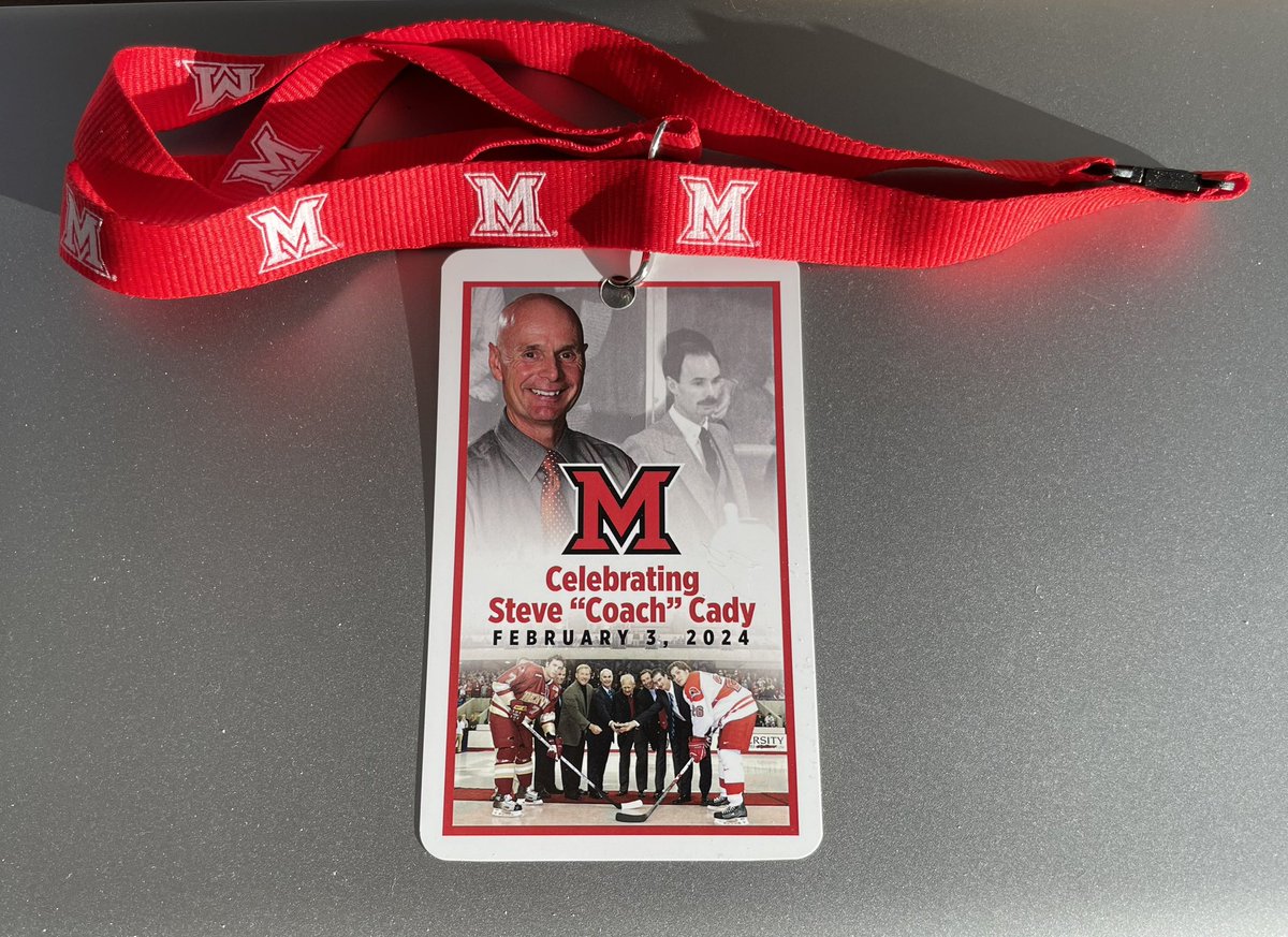 MiamiBLC's tweet photo. It was the retirement celebration for Steve “Coach” Cady at last night’s @MiamiOH_Hockey game @gogginicecenter! Congrats and thanks for all you’ve done for Miami hockey! #LoveAndHonor #CradleOfCoaches https://t.co/ghiAiCG8za