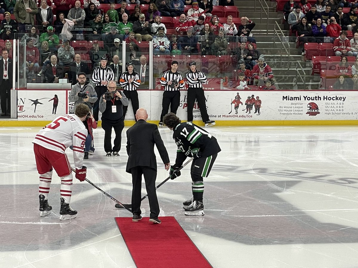 MiamiBLC's tweet photo. It was the retirement celebration for Steve “Coach” Cady at last night’s @MiamiOH_Hockey game @gogginicecenter! Congrats and thanks for all you’ve done for Miami hockey! #LoveAndHonor #CradleOfCoaches https://t.co/ghiAiCG8za